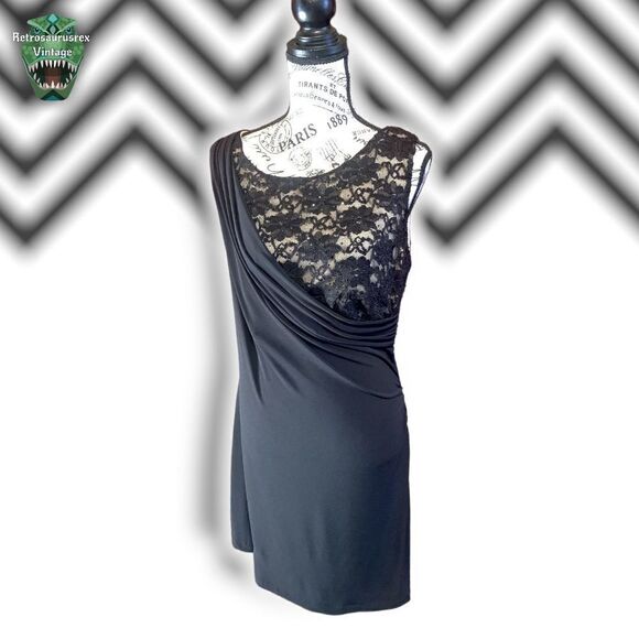 VINTAGE 1990’s Whimsygoth Stretch Nude Lace Little Black Dress, Size 14 Plus Siz - Picture 5 of 7